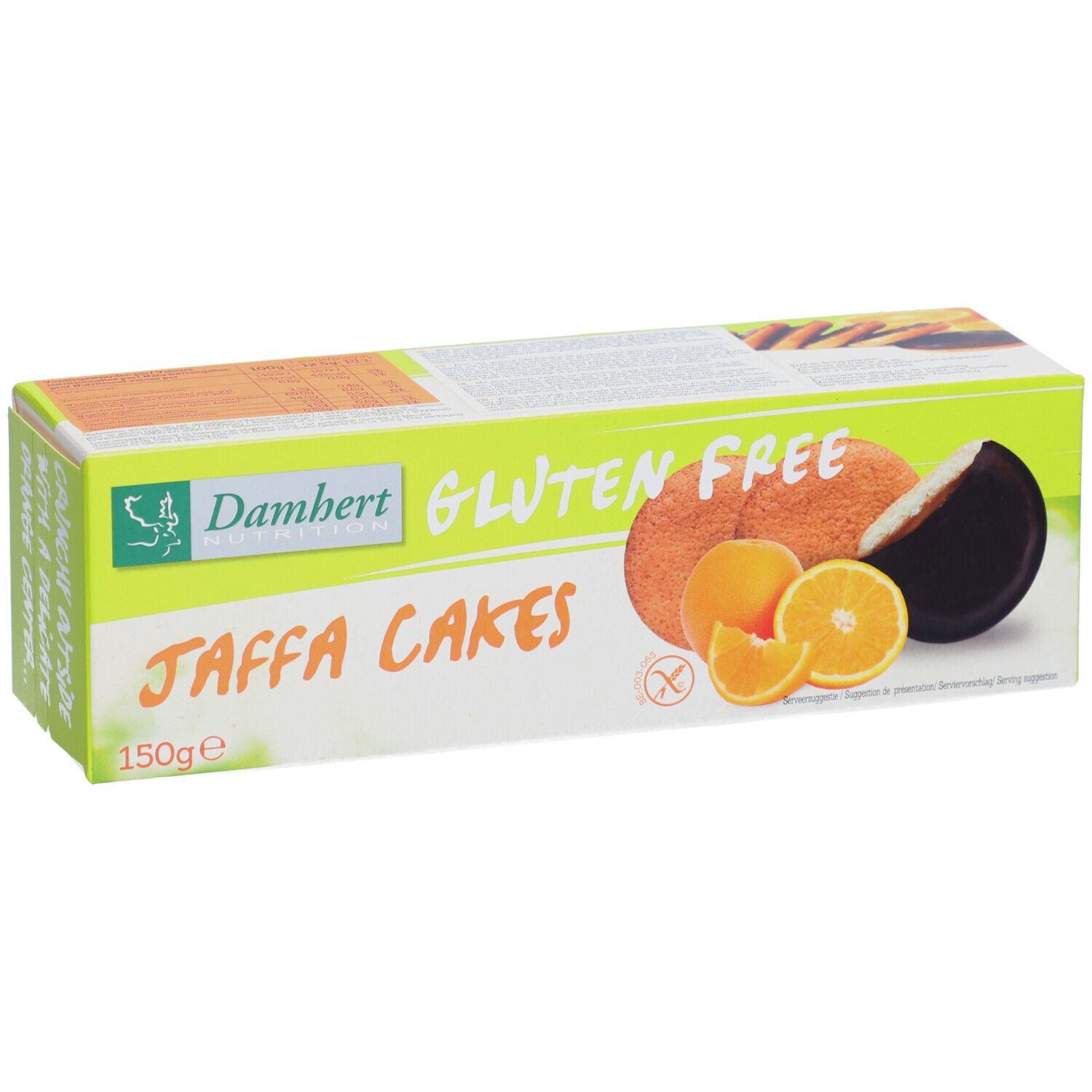 Schachtel mit Jaffa Cakes. Aufdruck: Gluten Free, Jaffa Cakes, 150g. Abgebildet: Kuchen, Orangenstücke.