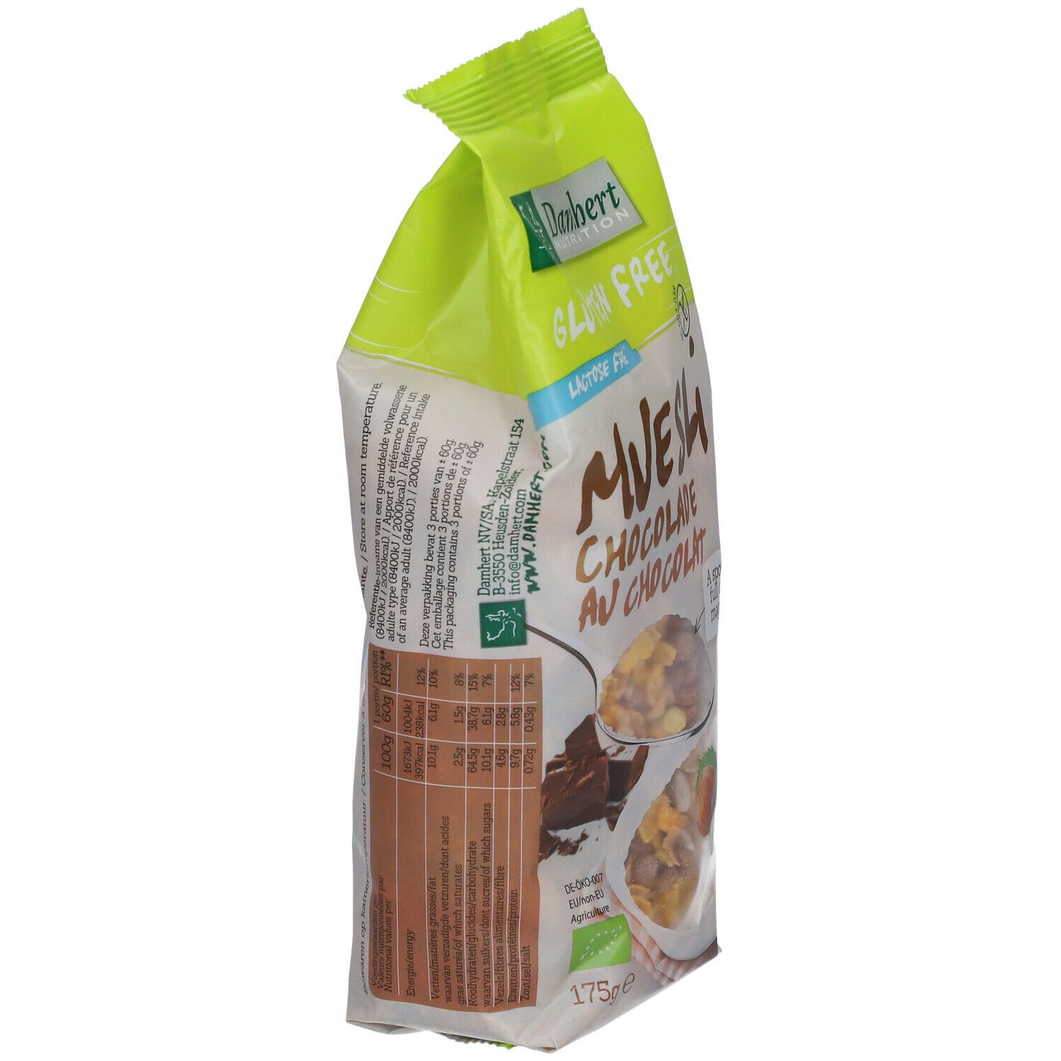 Seitenansicht der Damhert Schoko Müsli glutenfrei Verpackung. Grün-weiße Tüte mit Produktinformationen und Nährwertangaben.