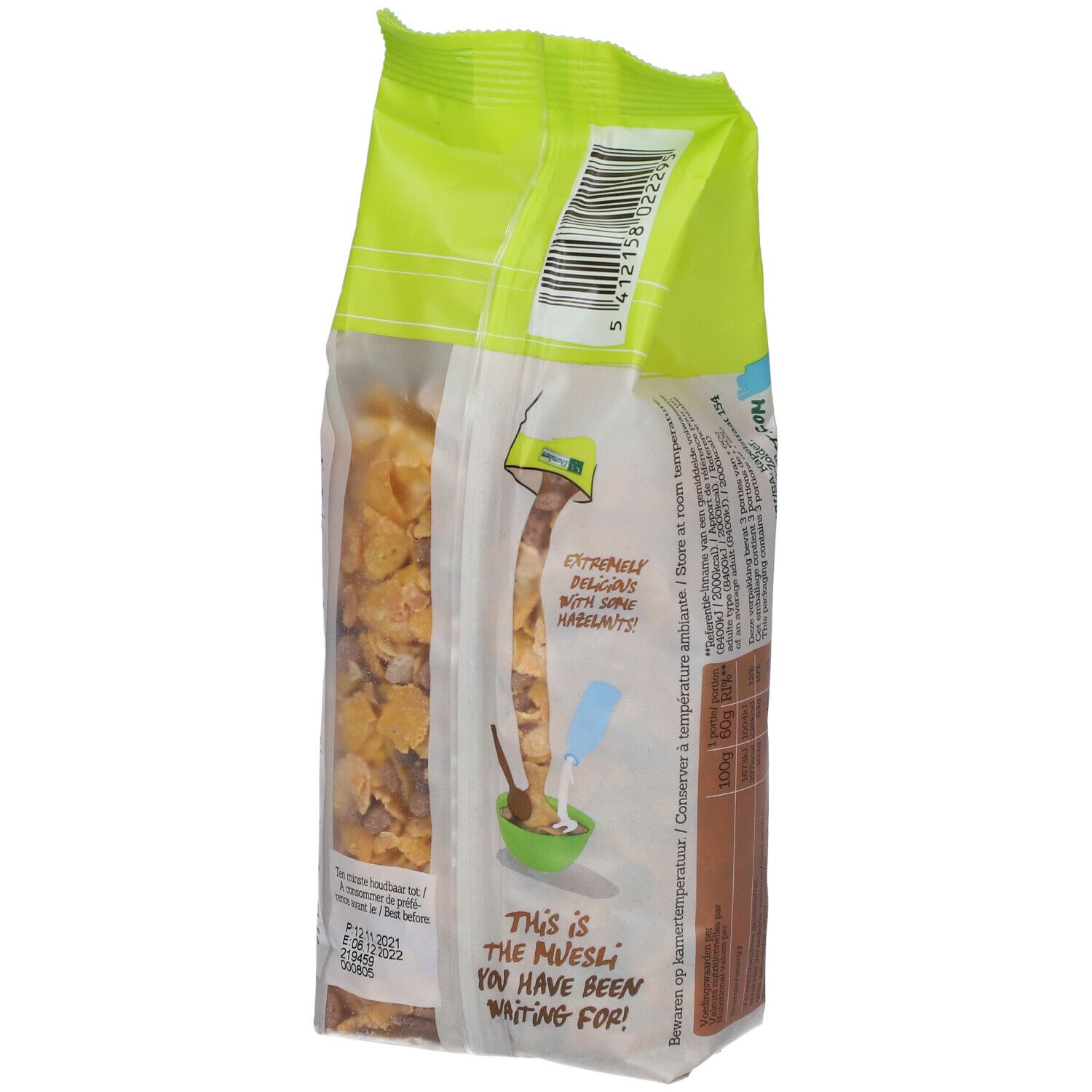 Rückseite der Damhert Schoko Müsli glutenfrei Verpackung. Grün-weiße Tüte mit Zutatenliste und Barcode.