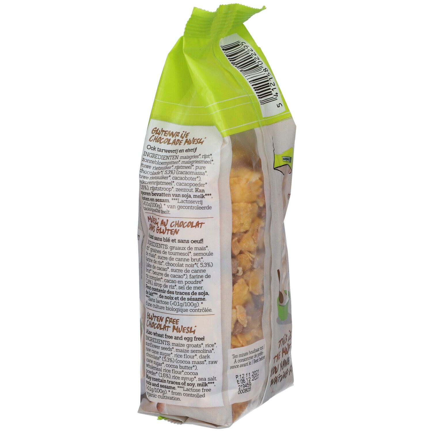 Detailansicht der Zutatenliste auf der Damhert Schoko Müsli glutenfrei Verpackung. Text in mehreren Sprachen.