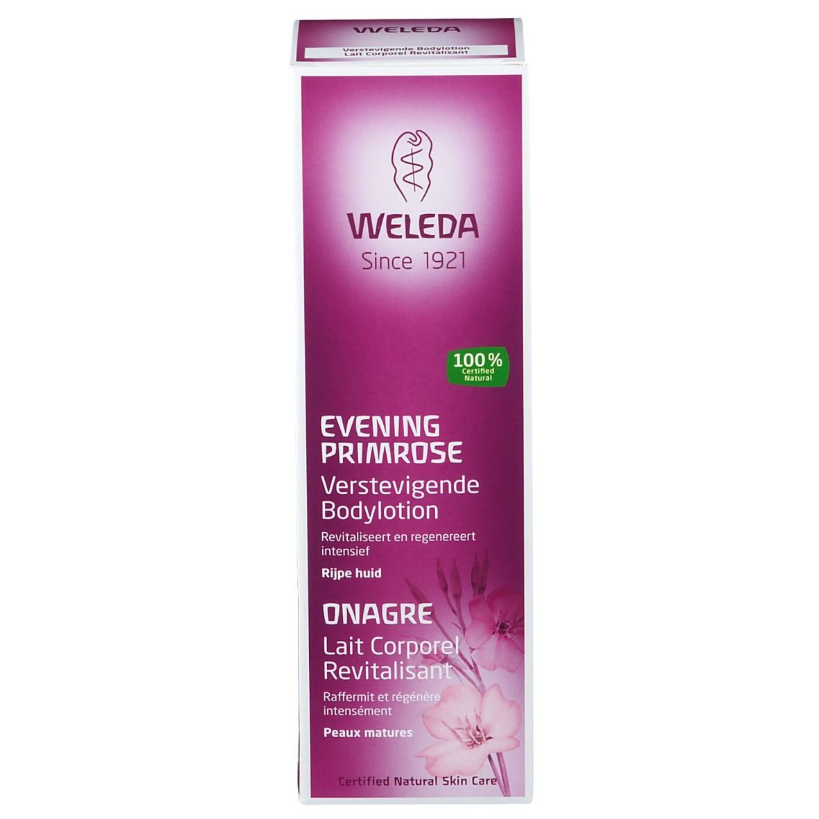 Weleda Nachtkerze Pflegelotion Verpackung. Lila Schachtel. Text: Evening Primrose, Onagre. 100% Natural.