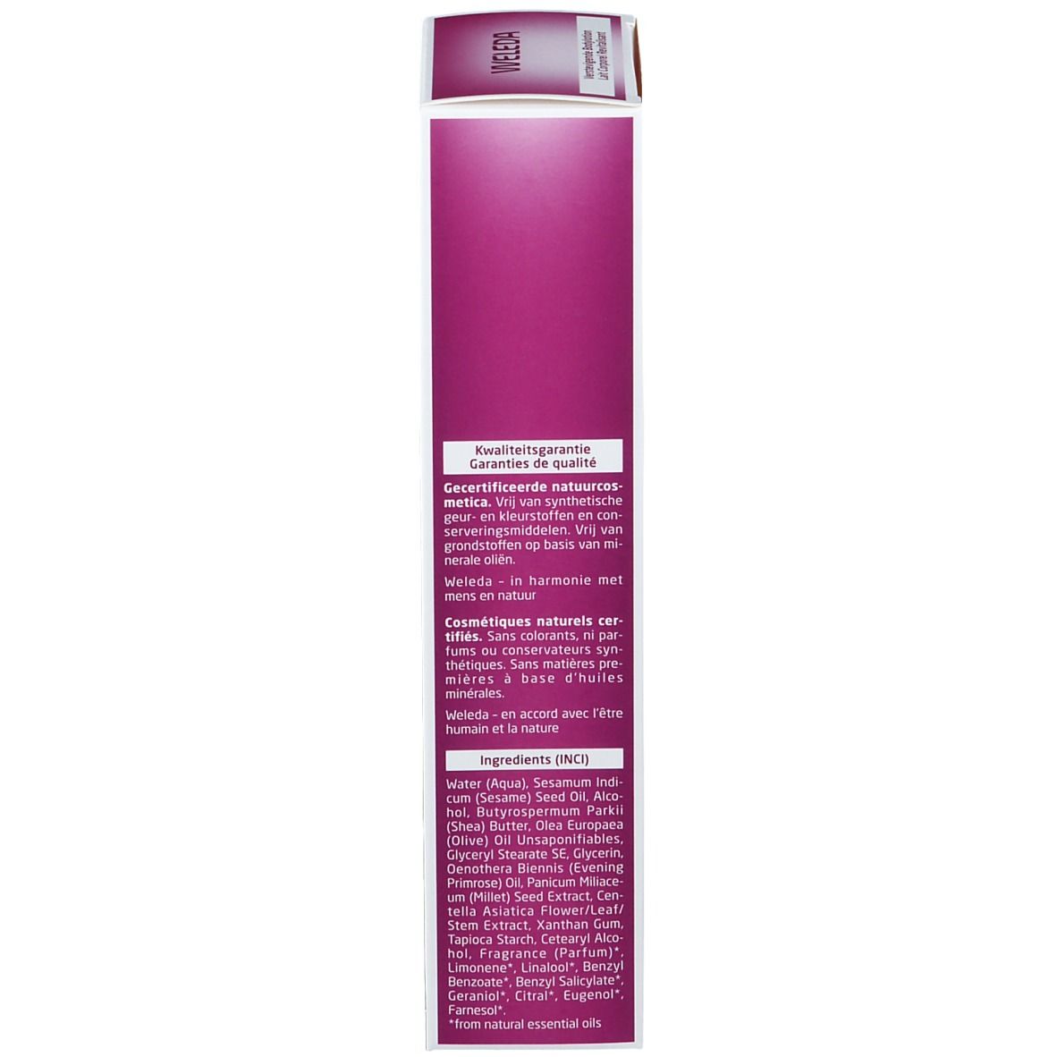 Seite der Weleda Nachtkerze Verpackung. Text in Deutsch. Inhaltsstoffe und Qualitätsgarantie. Natürliche Kosmetik.
