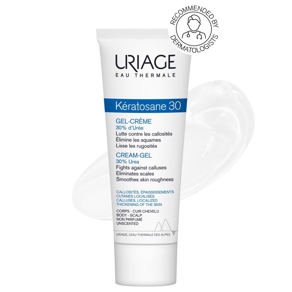 Uriage Kératosane 30 Gel-Crème tube. Voorkant met productinfo.