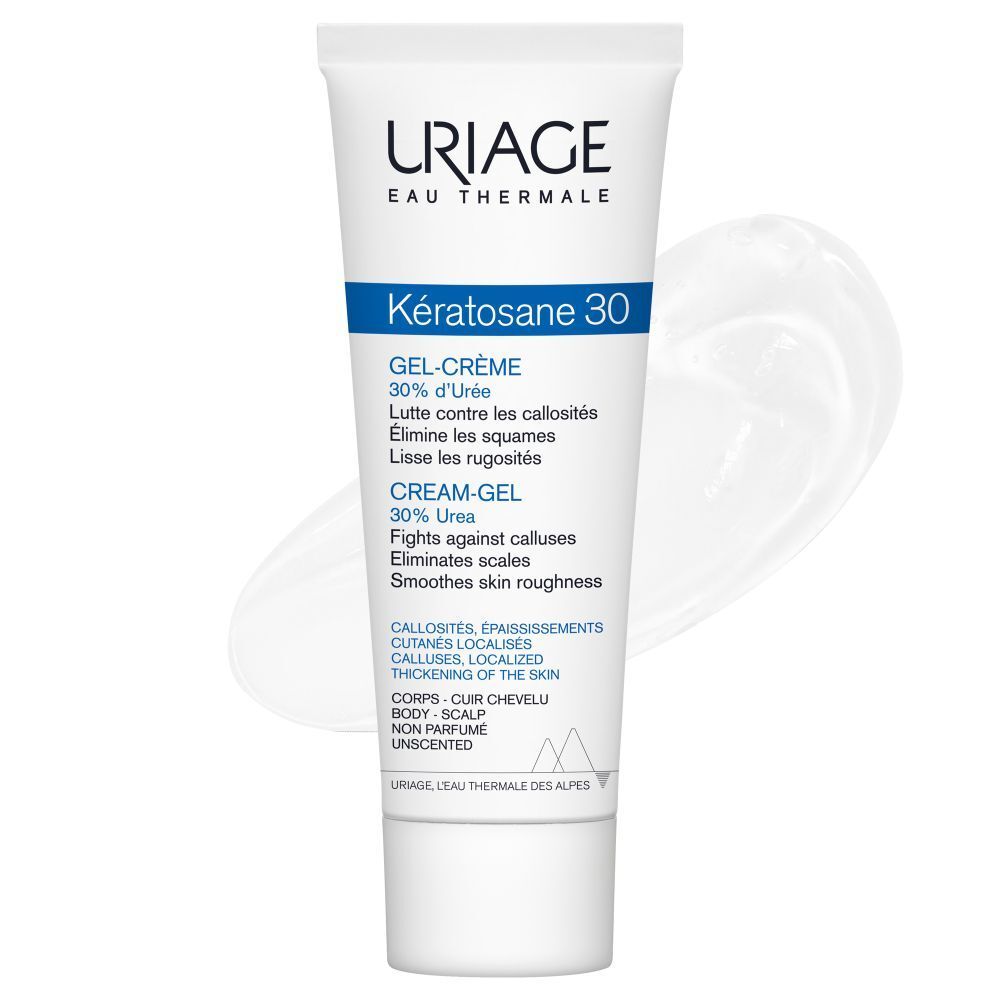 Uriage Kératosane 30 Gel-Crème tube. Achterkant met productinfo in het Frans.
