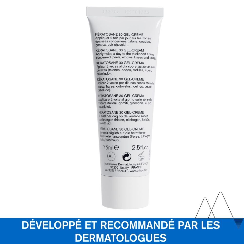 Tube de Uriage Kératosane 30 Gel-Crème. Verso avec informations en français.
