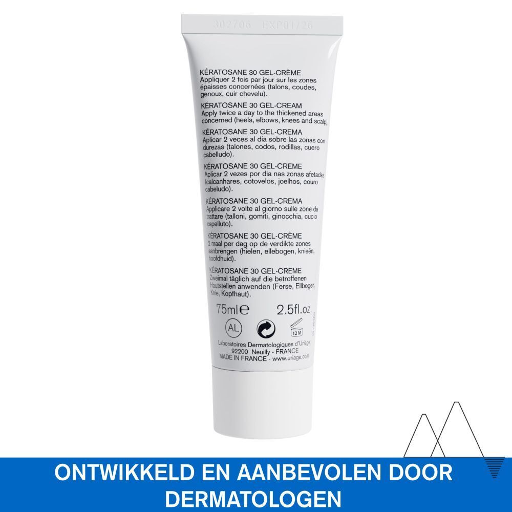Uriage Kératosane 30 Gel-Crème tube. Achterkant met productinfo in het Nederlands.