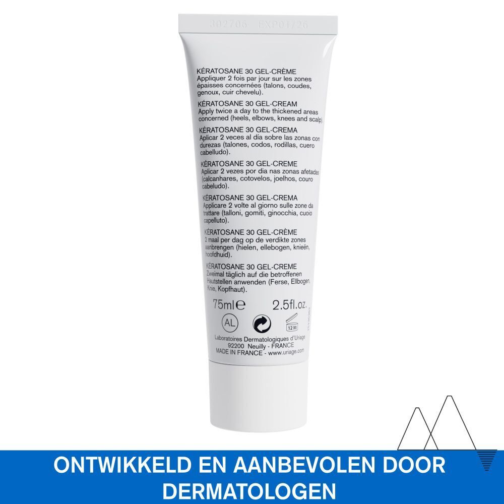 Uriage Kératosane 30 Gel-Crème tube. Achterkant met productinfo in het Nederlands.