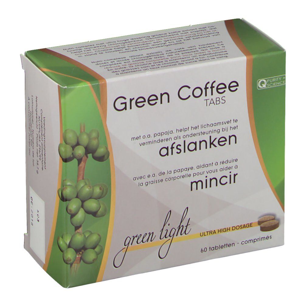 Schachtel "Green Coffee Tabs". Aufschrift in Niederländisch und Französisch. 60 Tabletten. Grün und weiß.