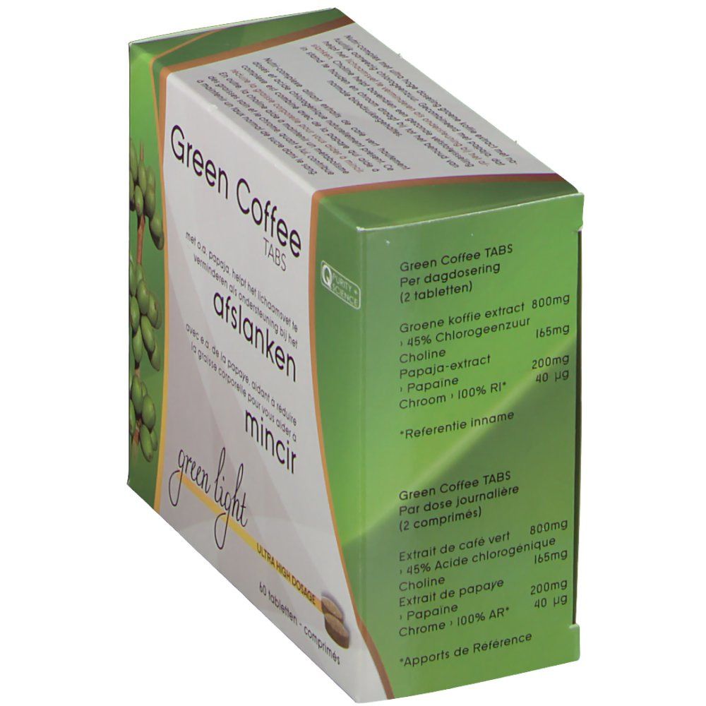 Schachtel "Green Coffee Tabs". Inhaltsangaben in Niederländisch. Grün und weiß. 60 Tabletten.