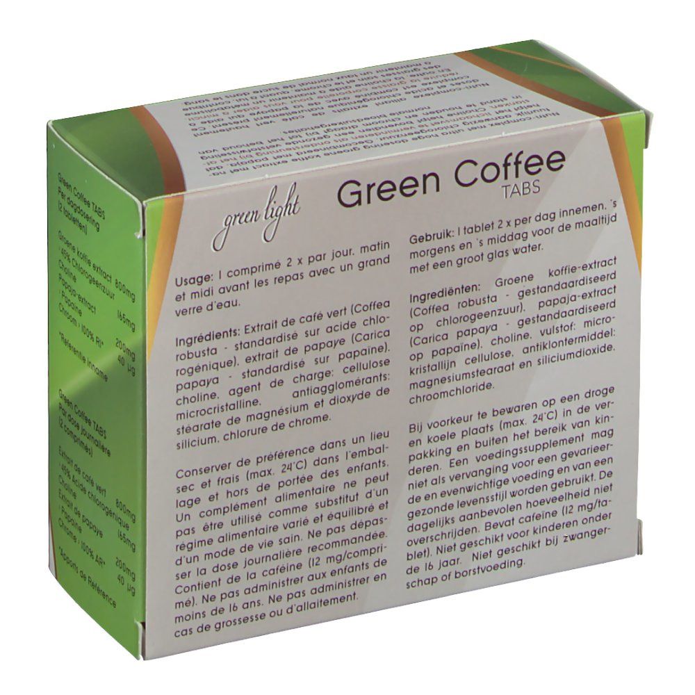 Schachtel "Green Coffee Tabs". Gebrauchsanweisung in Niederländisch. Grün und weiß. 60 Tabletten.