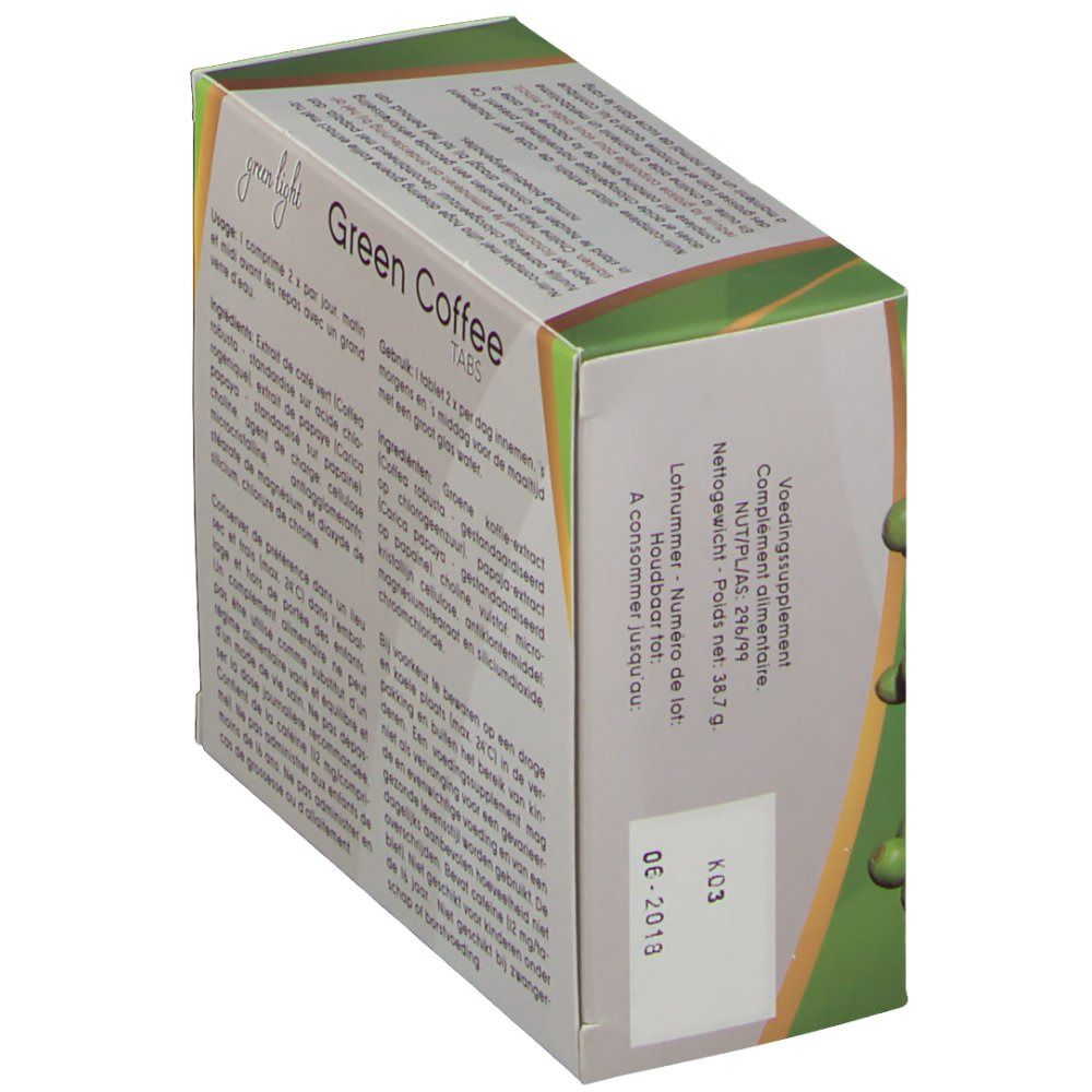 Schachtel "Green Coffee Tabs". Rückseite mit Inhaltsangaben und Chargennummer. Grün und weiß.