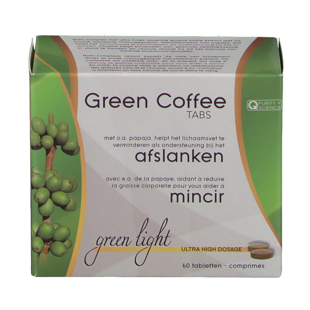 Schachtel mit "Green Coffee Tabs". Aufschrift in Niederländisch und Französisch. 60 Tabletten. Grün und weiß.