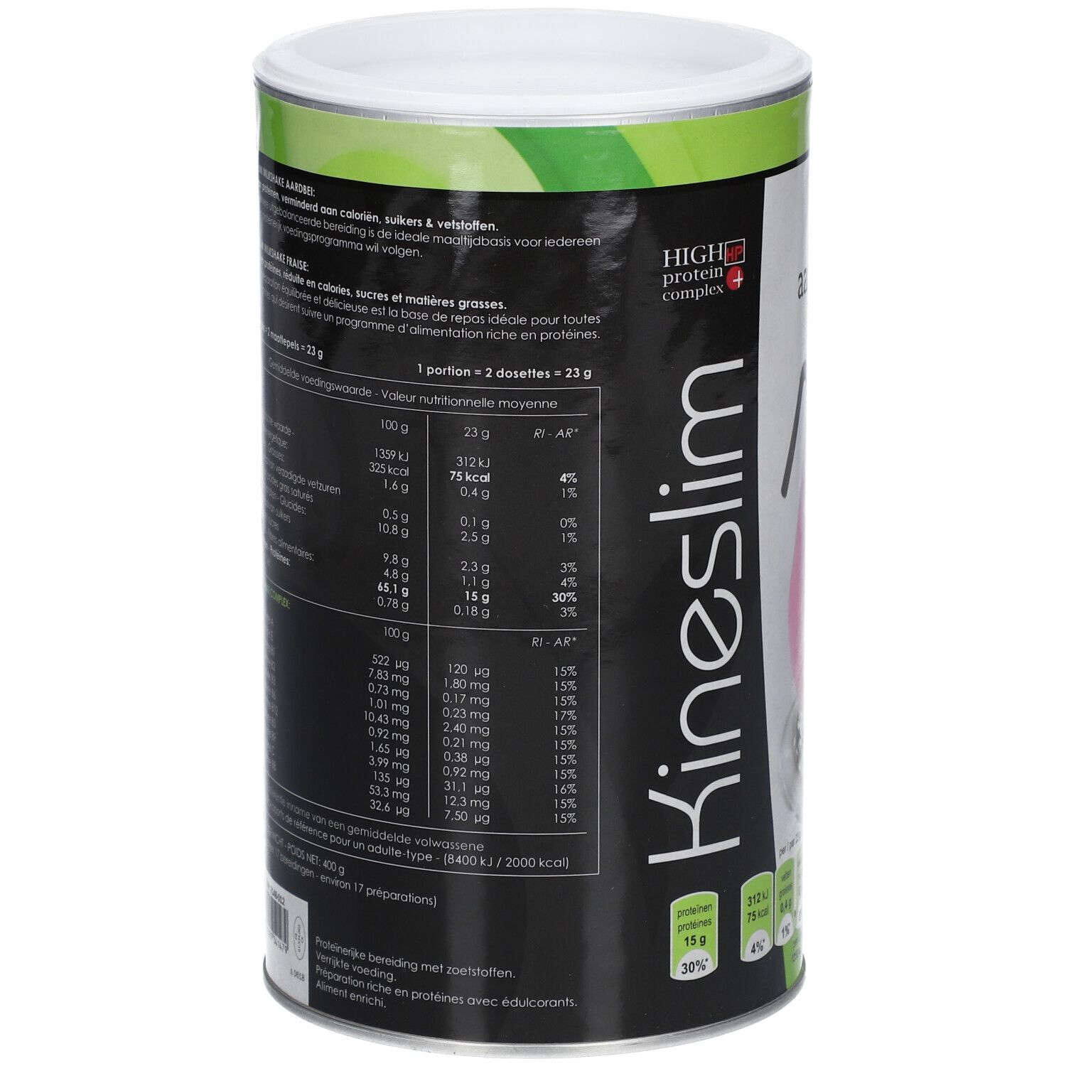 Dos de la boîte Kineslim. Contient des informations nutritionnelles et des ingrédients en plusieurs langues.