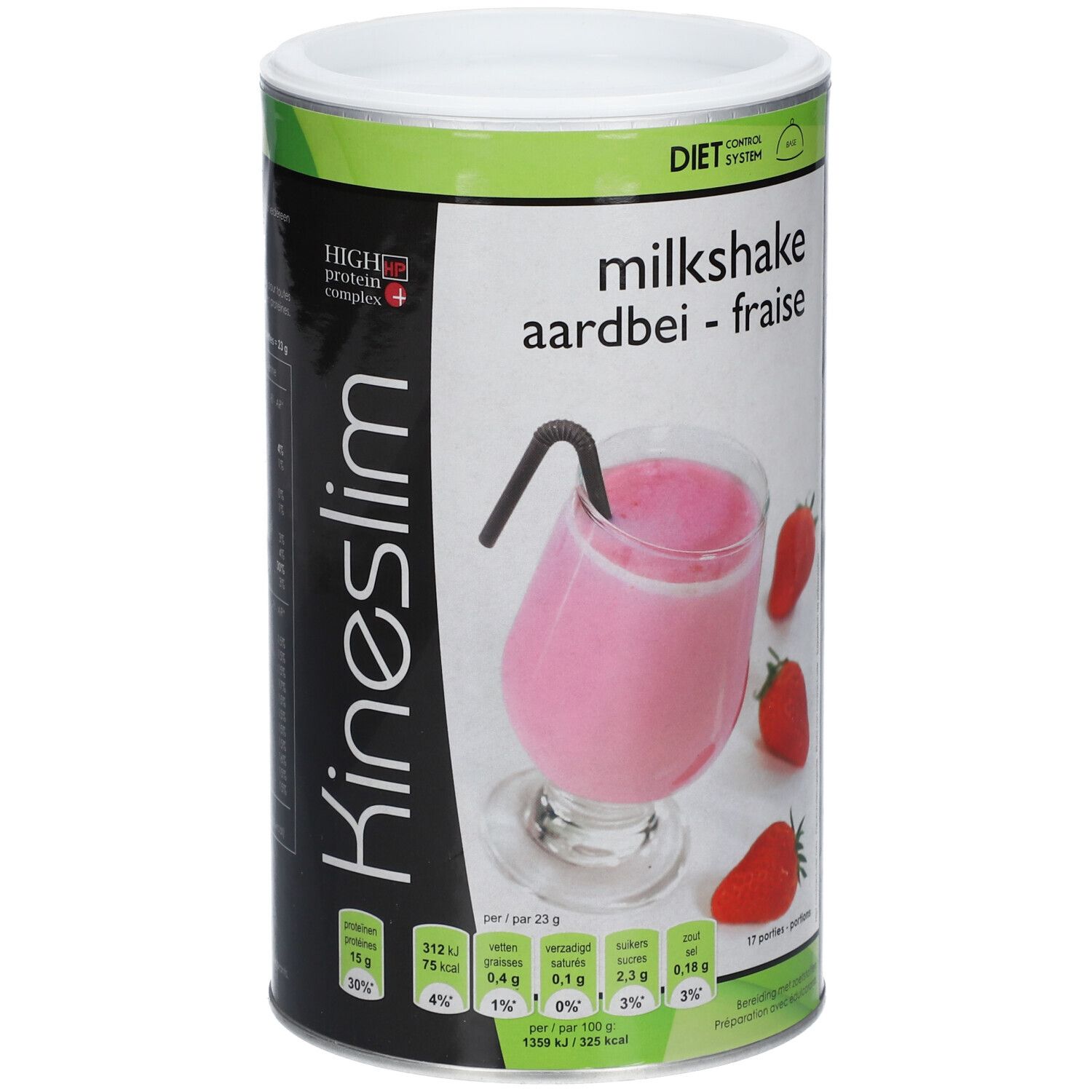 Boîte cylindrique Kineslim Milkshake Fraise. Illustration d'un milkshake à la fraise avec paille et fraises.