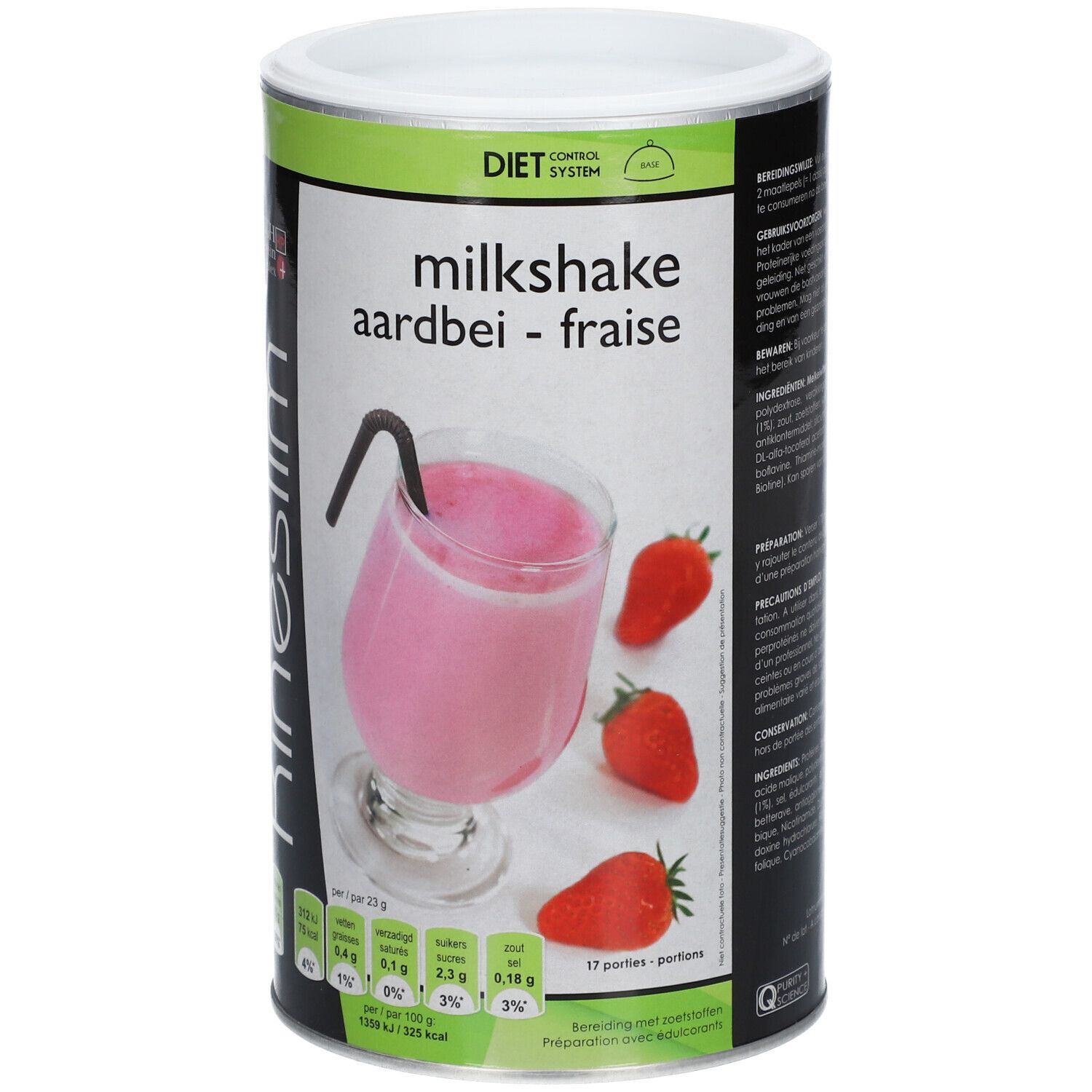 Boîte Kineslim Milkshake Fraise. Illustration d'un milkshake à la fraise avec paille et fraises.
