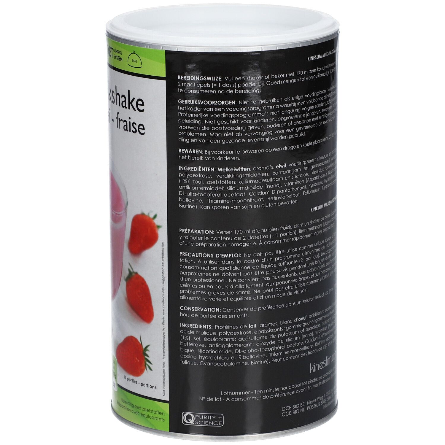 Boîte Kineslim Milkshake Fraise. Contient des informations sur le produit et des ingrédients.