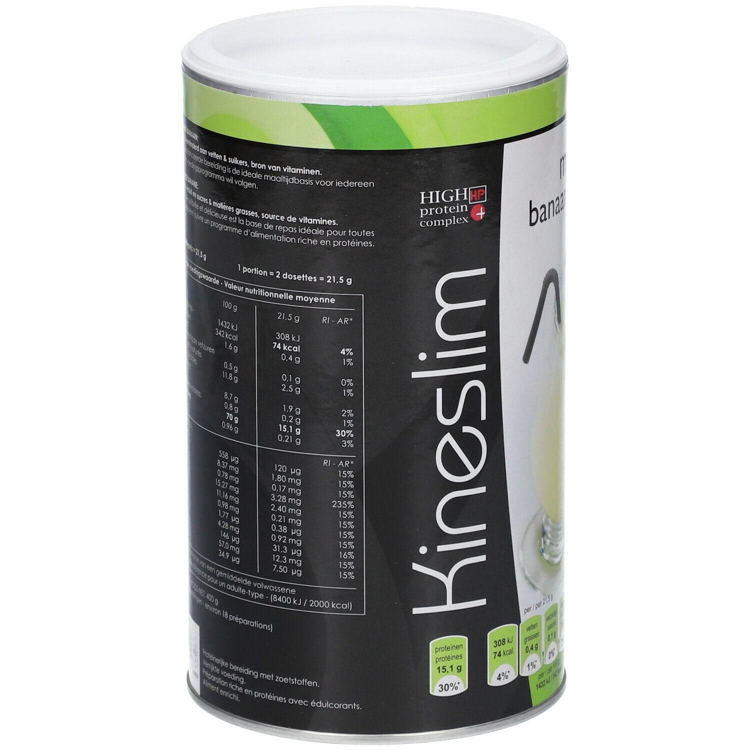 Boîte cylindrique Kineslim, informations nutritionnelles. Inscription: High Protein Complex. Goût banane.