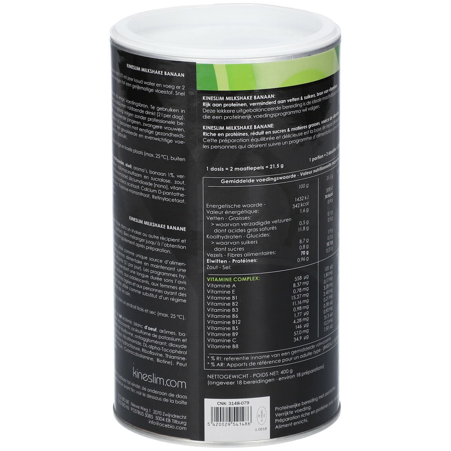 Boîte cylindrique Kineslim. Dos avec texte et informations nutritionnelles. Goût banane. Poids net: 400g.