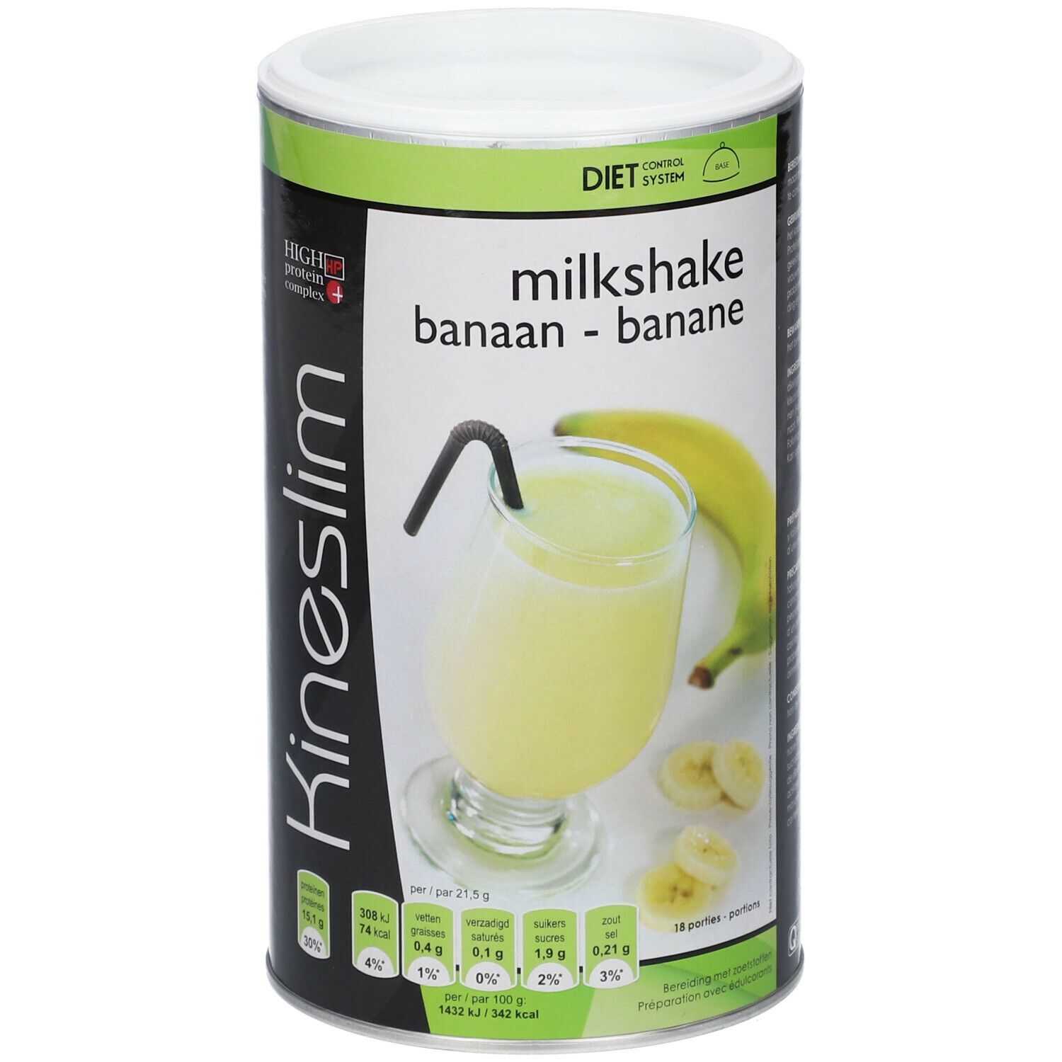 Boîte Kineslim avec image de milkshake à la banane. Inscription: Milkshake Banane. Avec banane et verre.