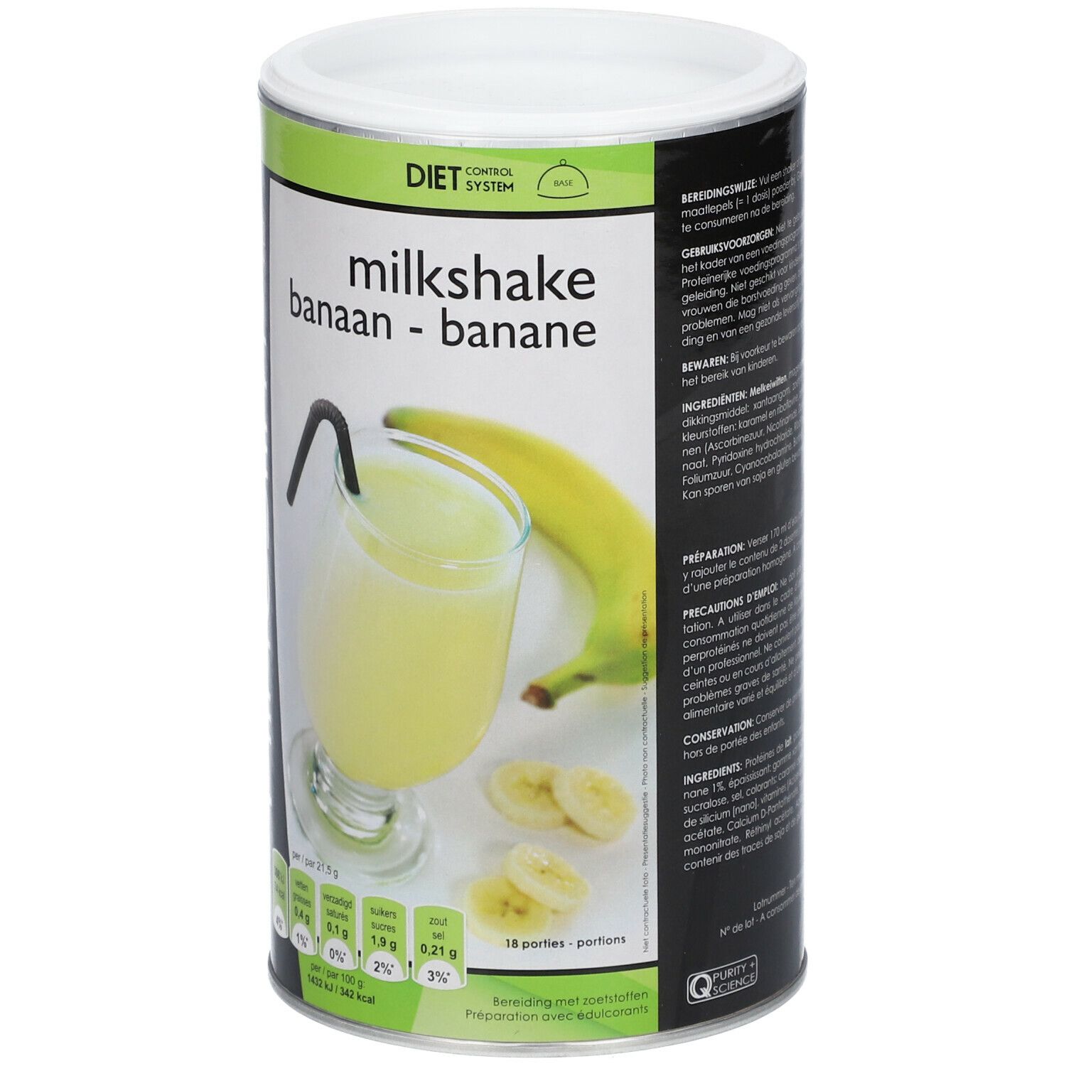 Boîte Kineslim avec image de milkshake à la banane. Inscription: Milkshake Banane. Avec banane et verre.