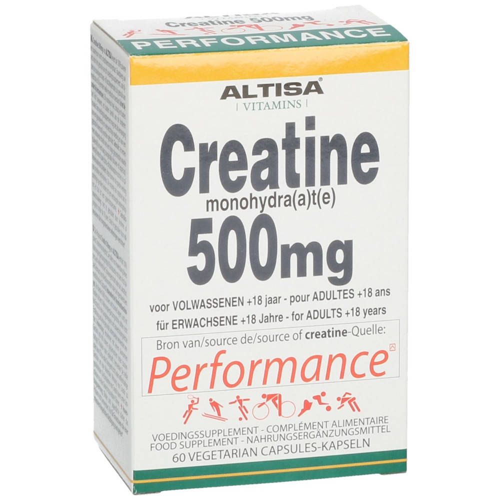Altisa Creatine 500mg verpakking. Wit, met groene en gele accenten. Tekst: Creatine 500mg, Performance.