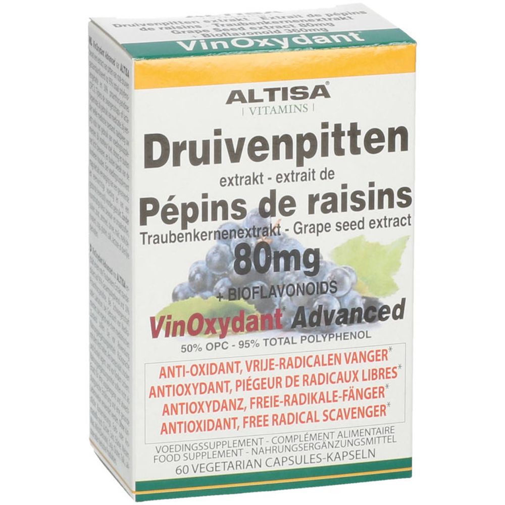 Verpakking van Altisa Vinoxidant. Opschrift: Druivenpitten, Pépins de raisins, 80mg, Bioflavonoïden, VinOxyDant Advanced.