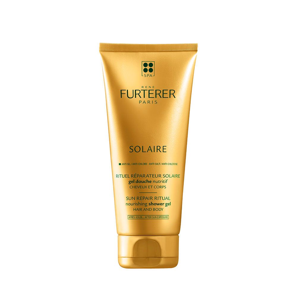 Gouden tube. Opschrift: Rene Furterer, Solaire. Tekst: Rituel Reparateur Solaire, Gel Douche Nutritif, Cheveux et Corps. Zonneherstellende douchegel.