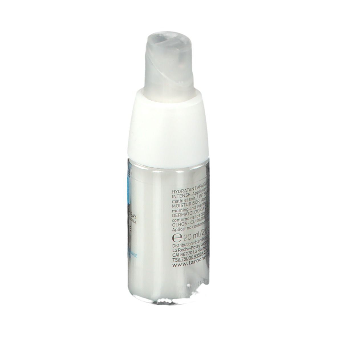 Weiße Augenkonturpflege mit Spender. Rückseite mit Text. Marke: La Roche-Posay. Volumen: 20 ml.
