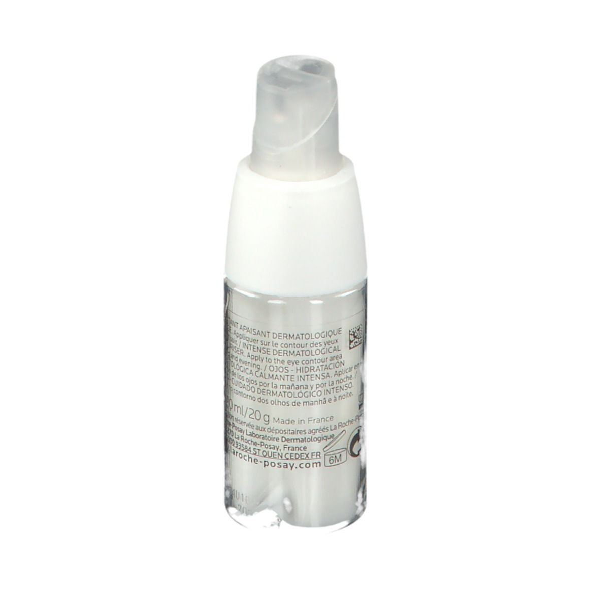 Weiße Augenkonturpflege mit Spender. Rückseite mit Text. Marke: La Roche-Posay. Volumen: 20 ml.