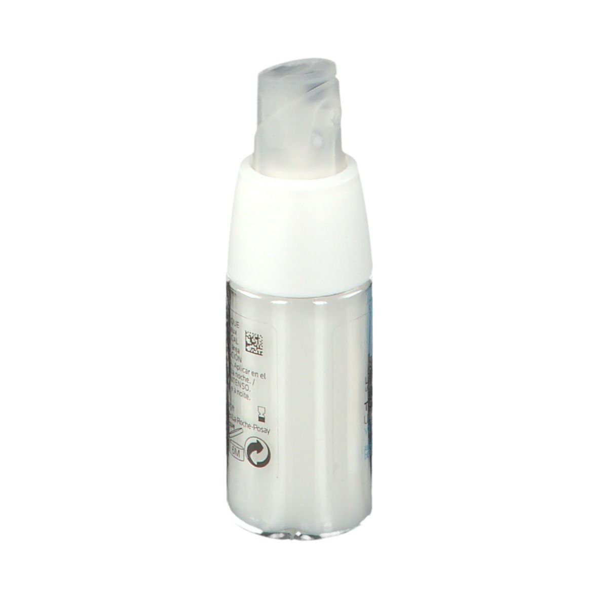 Weiße Augenkonturpflege mit Spender. Rückseite mit Text. Marke: La Roche-Posay. Volumen: 20 ml.