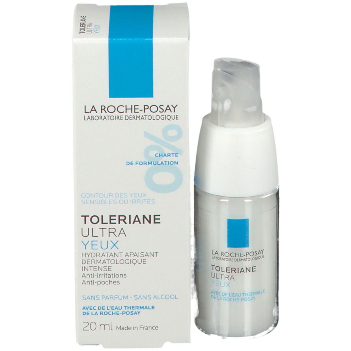 Produktverpackung und Flasche. Verpackung mit Logo und Produktnamen. Flasche: Toleriane Ultra Yeux. Marke: La Roche-Posay.