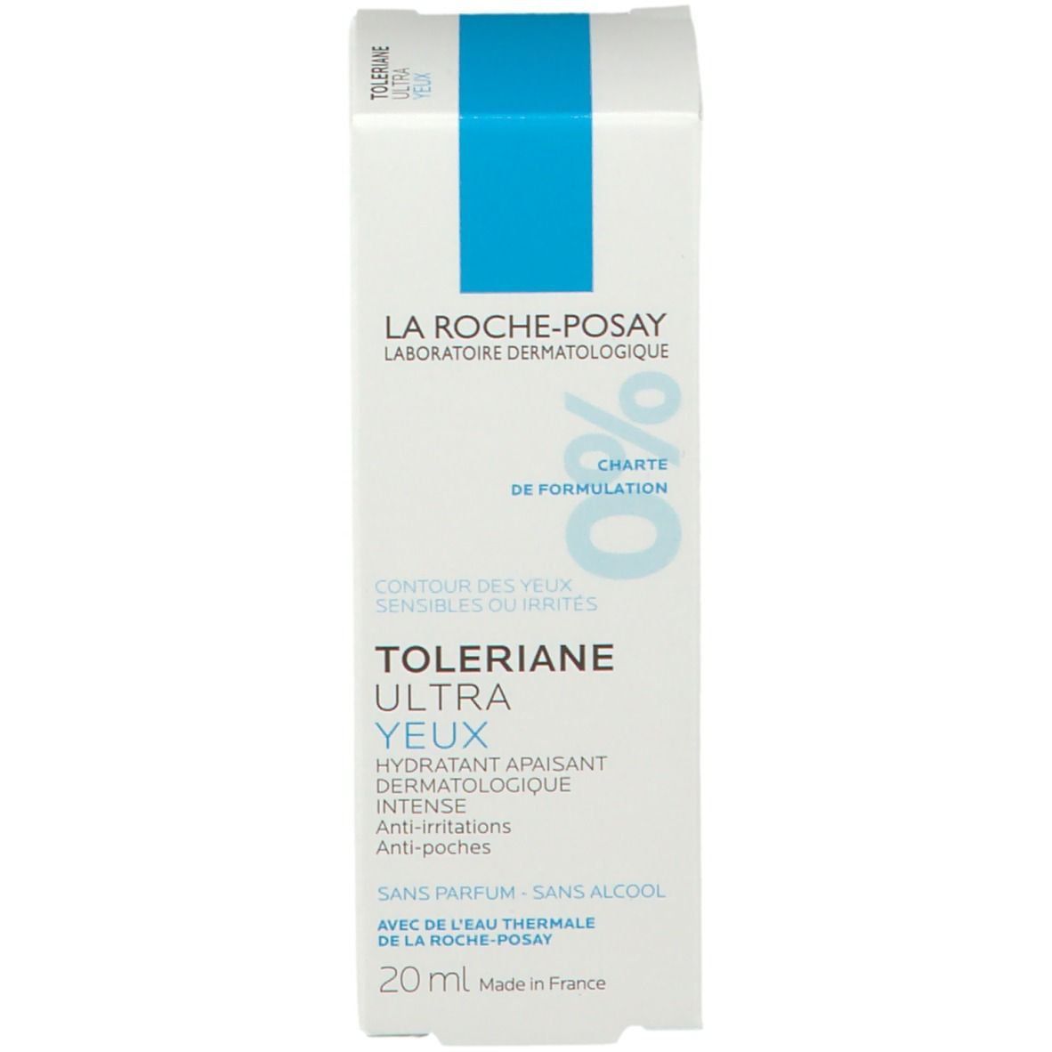 Produktverpackung. Logo und Produktname. Produkt: Toleriane Ultra Yeux. Marke: La Roche-Posay. Volumen: 20 ml.