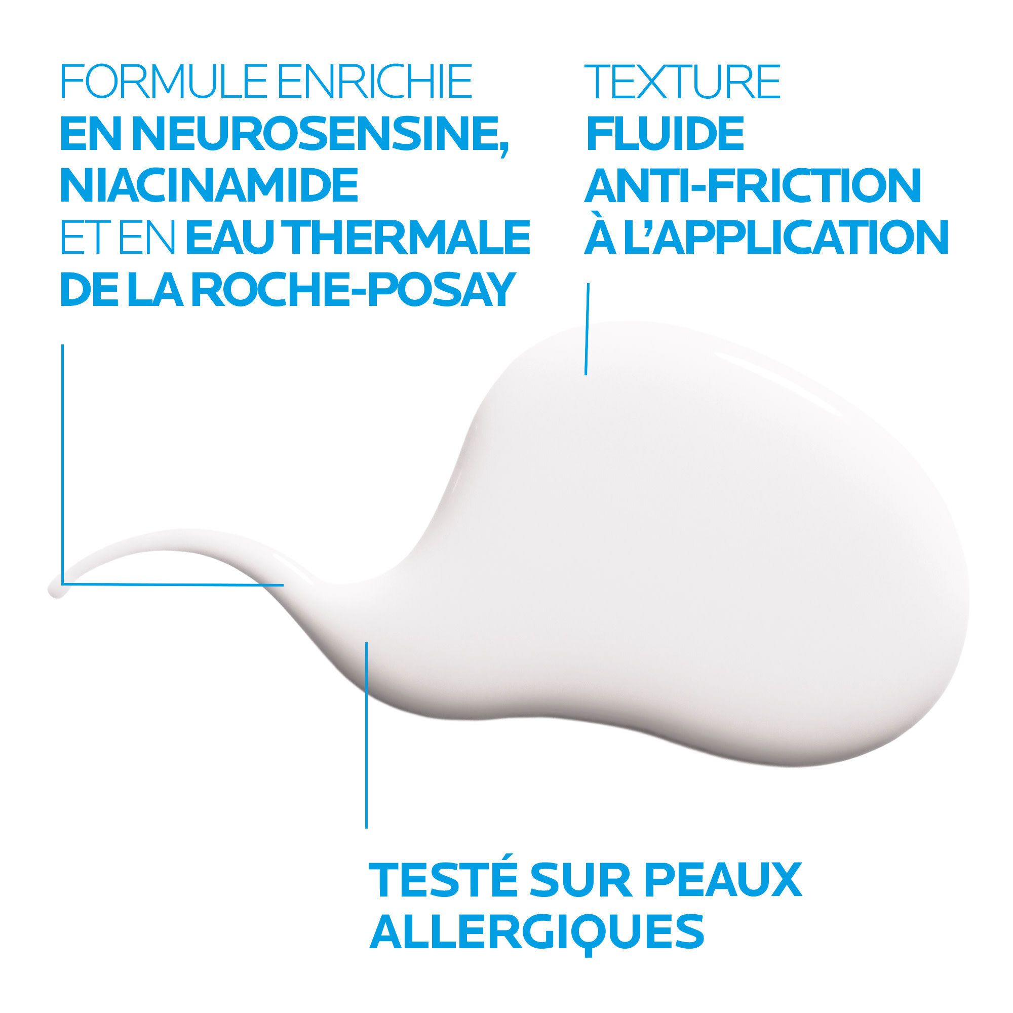 Weißes Produkt. Enthält Neurosensine, Niacinamid und Thermalwasser. Fluide Textur. Getestet auf allergischer Haut.