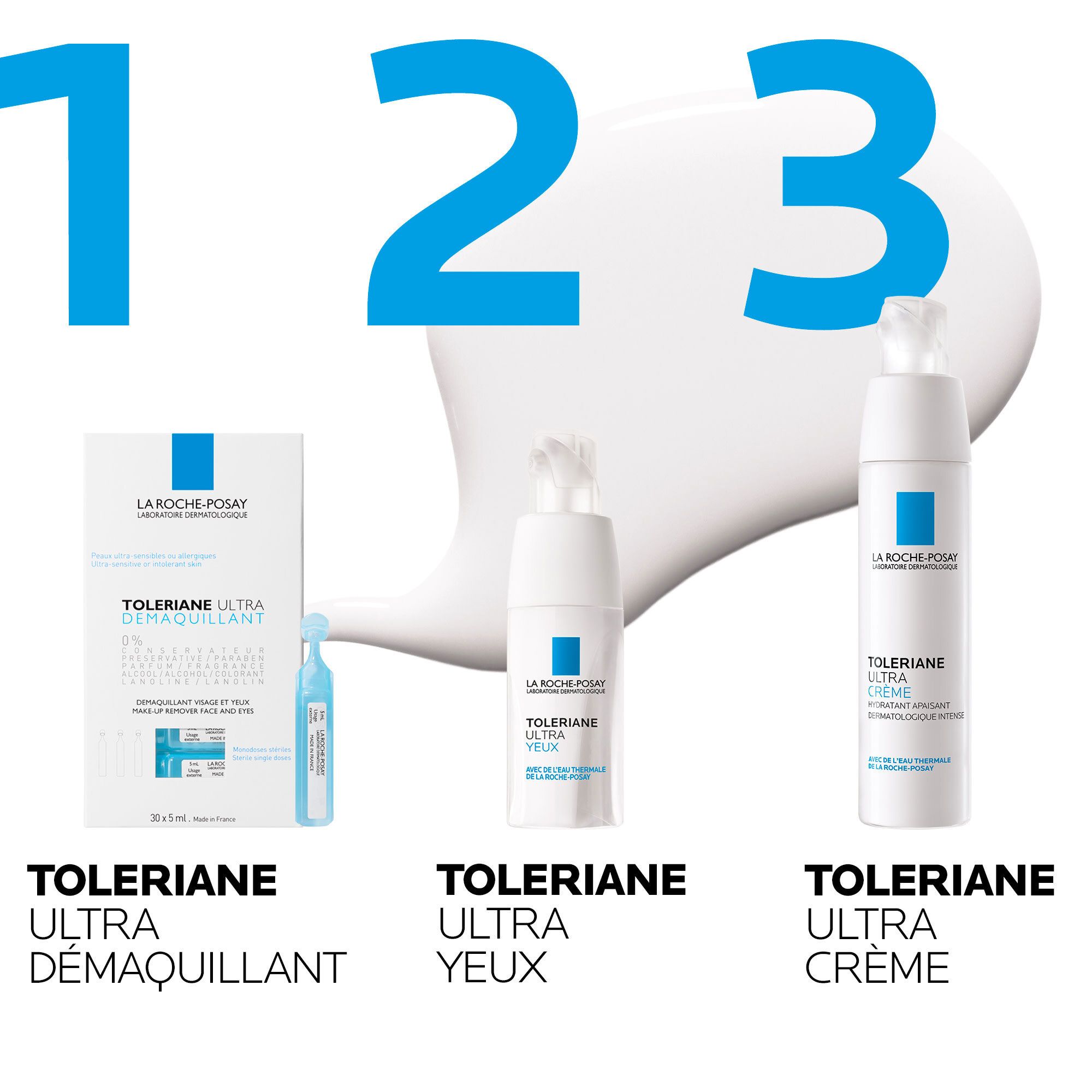 Drei Produkte: Toleriane Ultra Démaquillant, Toleriane Ultra Yeux, Toleriane Ultra Crème. Auf weißem Hintergrund.