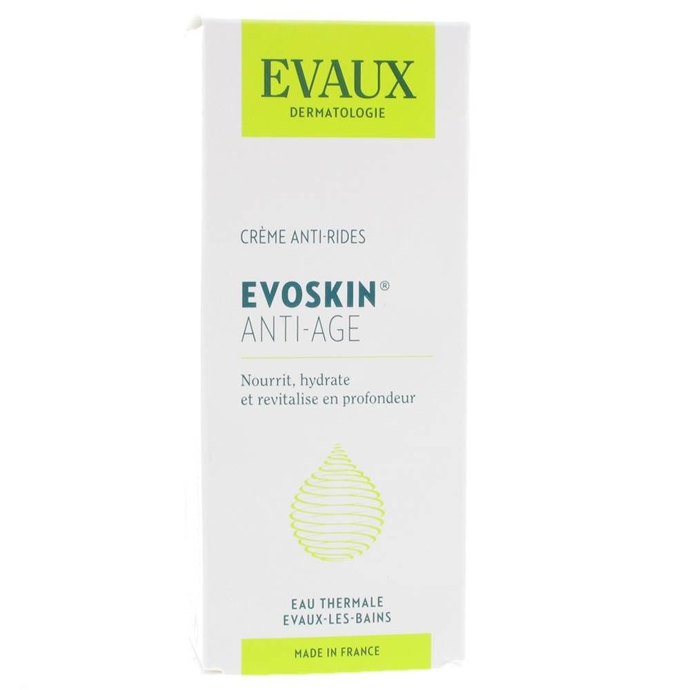 Boîte avec texte: EVOSKIN ANTI-AGE, Crème Anti-Rides. Inscription verte: EVAUX DERMATOLOGIE. Symbole goutte. Fabriqué en France.
