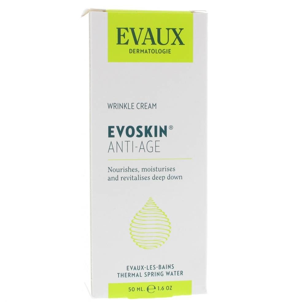 Boîte avec texte: EVOSKIN ANTI-AGE, Wrinkle Cream. Inscription verte: EVAUX DERMATOLOGIE. Symbole goutte. 50 ml, 1.6 oz.