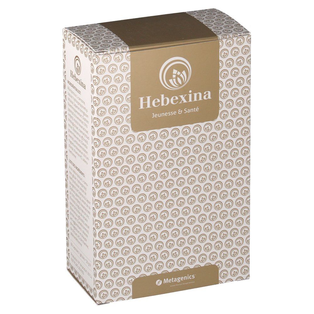 Boîte Hebexina, couvercle doré, logo. Texte: Jeunesse & Santé. Marque: Metagenics.