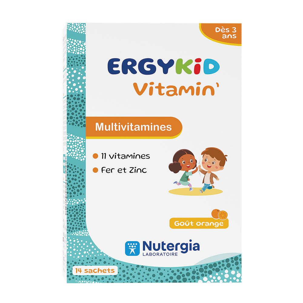 Boîte Ergykid Vitamin, 14 sachets. Contient 11 vitamines, fer et zinc. Goût orange. Dès 3 ans. Marque Nutergia.