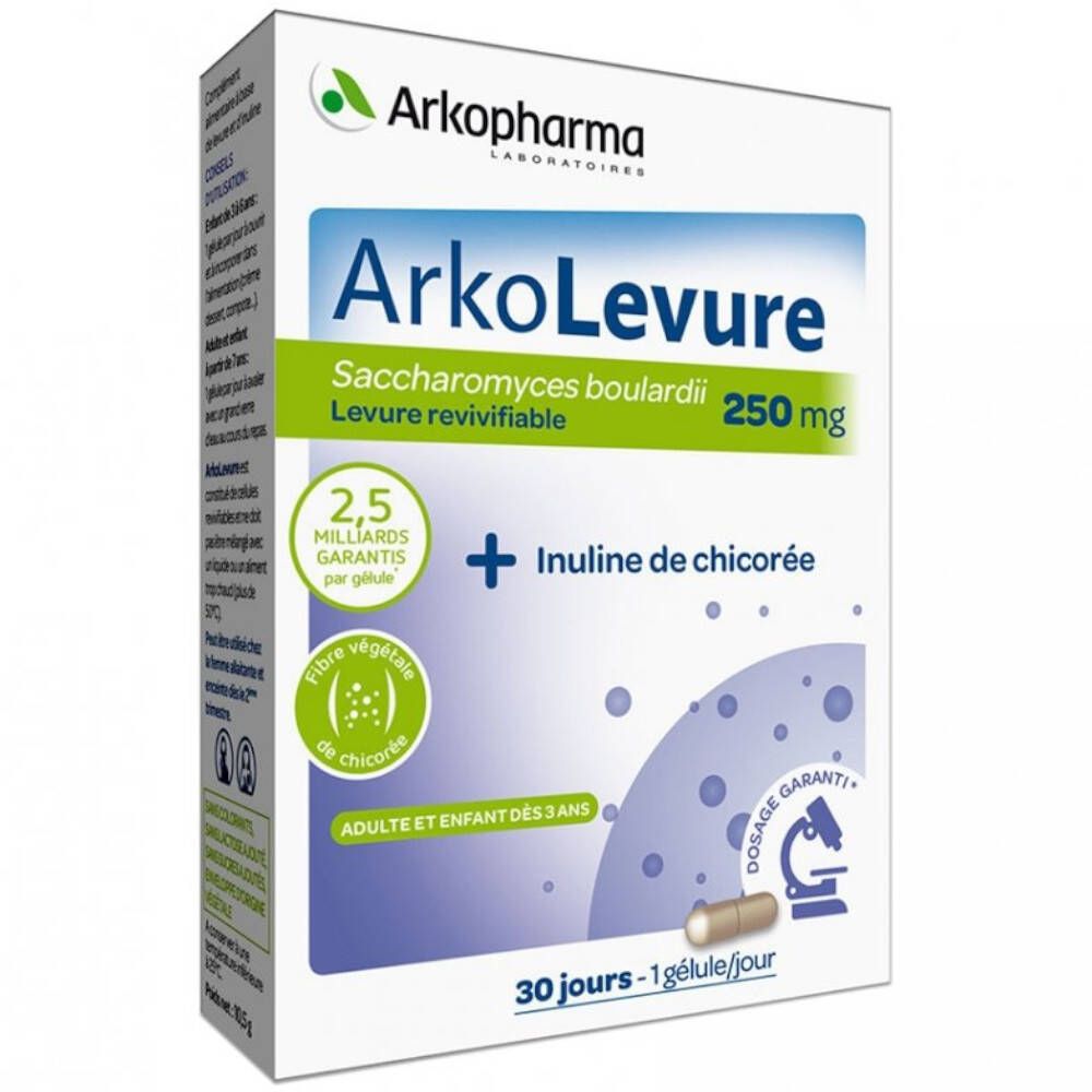 Boîte Arkopharma Arkolevure® 250 mg. Contient gélules, informations sur les ingrédients et le dosage.