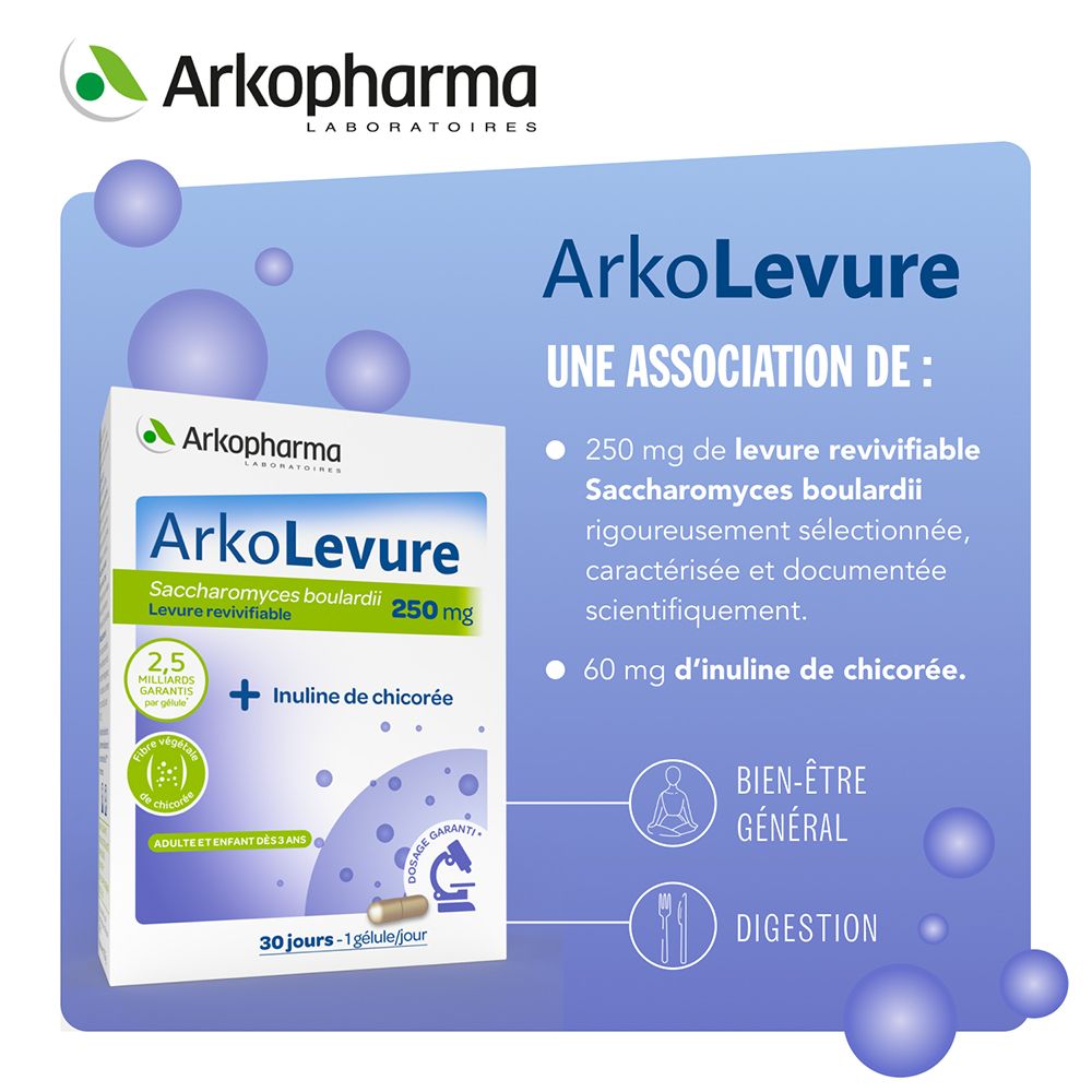 Visuel publicitaire pour Arkopharma Arkolevure® 250 mg. Présente l'emballage et des informations sur les ingrédients.
