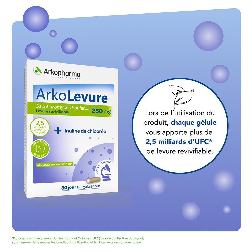 Visuel publicitaire pour Arkopharma Arkolevure® 250 mg. Présente l'emballage et les bénéfices.
