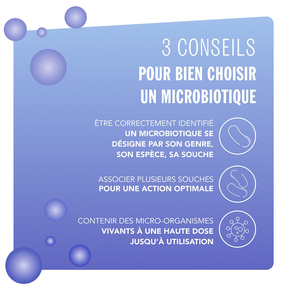 Infographie avec 3 conseils pour choisir un microbiotique. Contient des symboles et du texte.