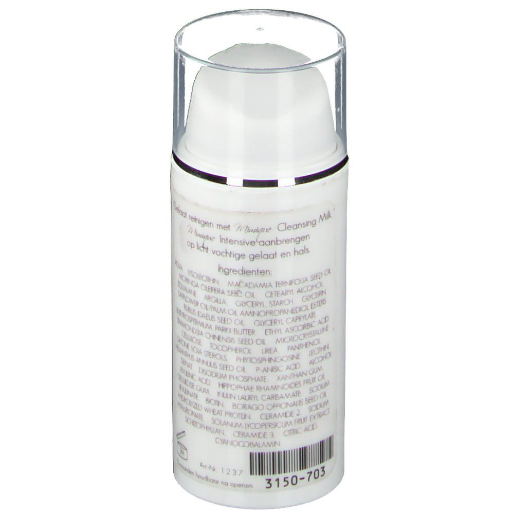Witte fles met pomp. Opschrift met ingrediënten en fabrikantgegevens. 30 ml.