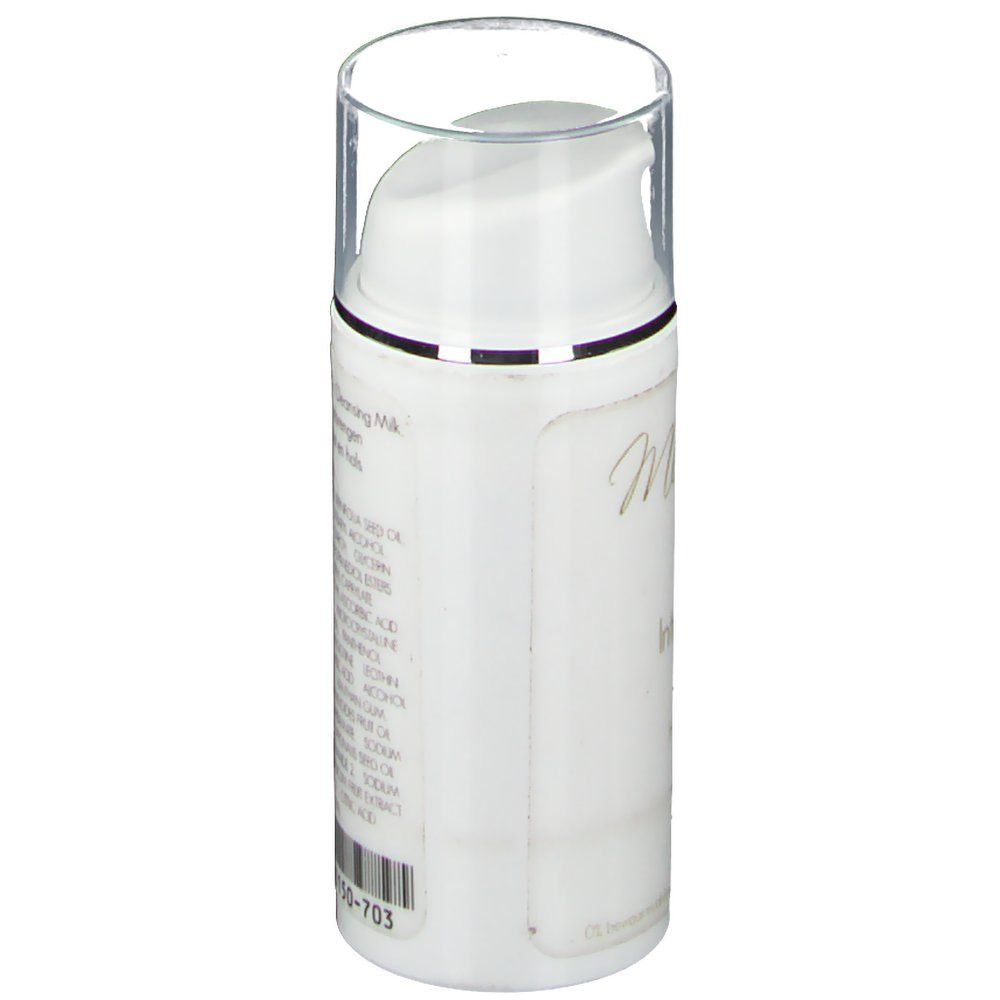 Witte fles met pomp. Opschrift met ingrediënten en fabrikantgegevens. 30 ml.