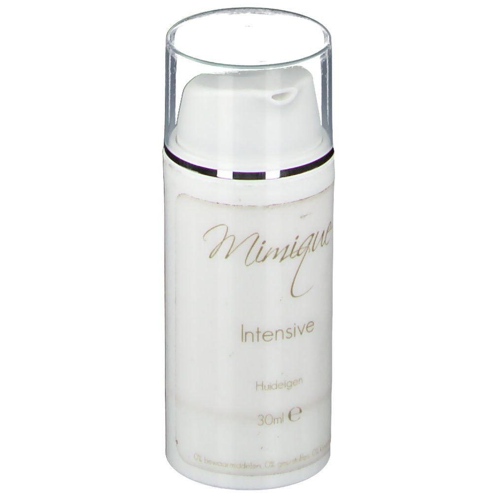 Witte fles met pomp. Opschrift: Mimique Intensive. 30ml.