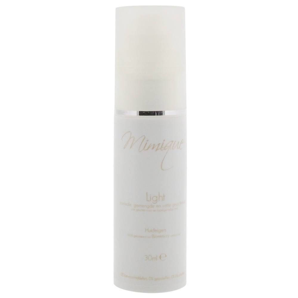 Witte fles met opschrift "Mimique Light". Zilveren ring. Transparante dop. 30ml.