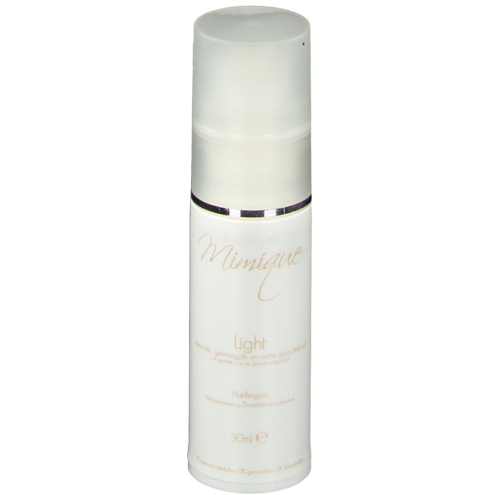 Witte fles met opschrift "Mimique Light". Zilveren ring. Transparante dop. 30ml.