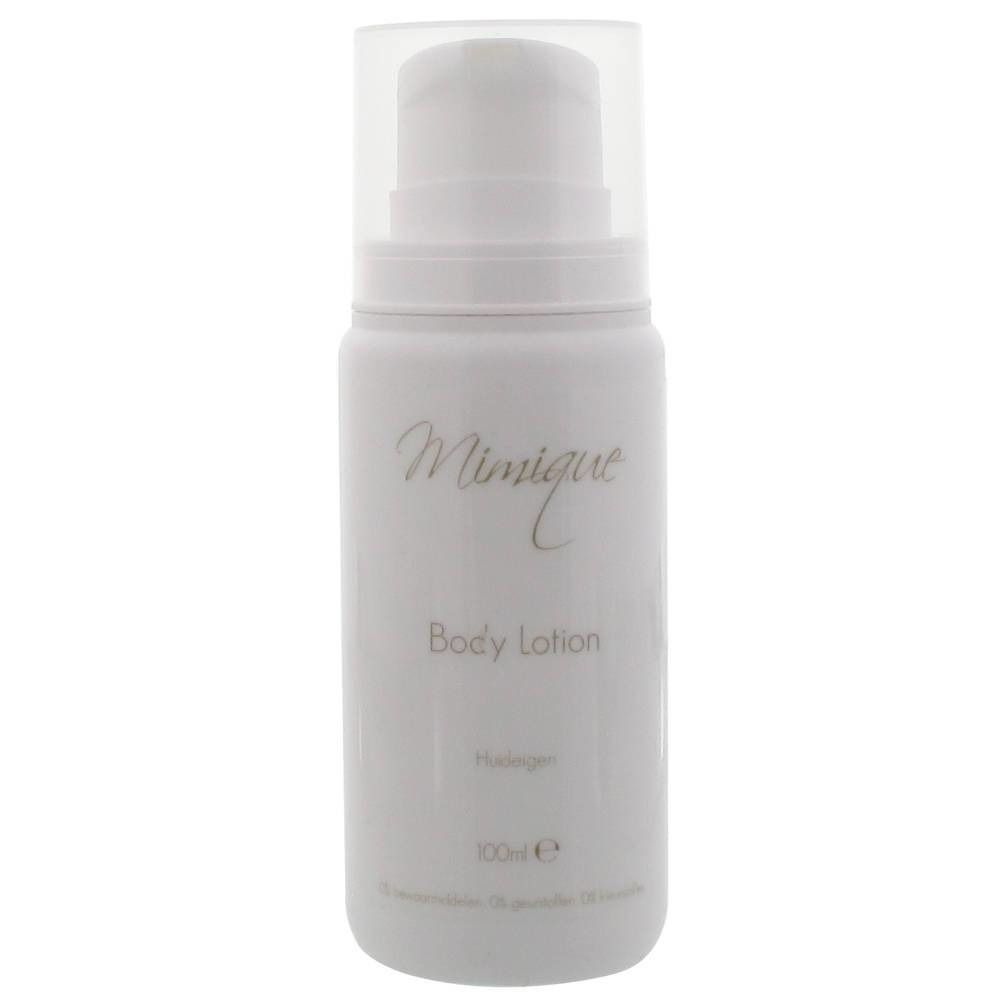 Flacon blanc avec pompe. Inscription : Mimique, Body Lotion, Collagen. En bas : 100ml.