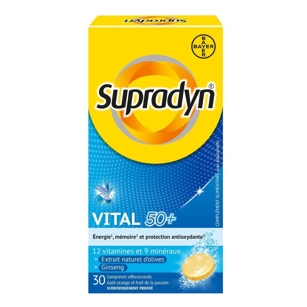Boîte jaune "Supradyn Vital 50+". Contient 30 comprimés effervescents.