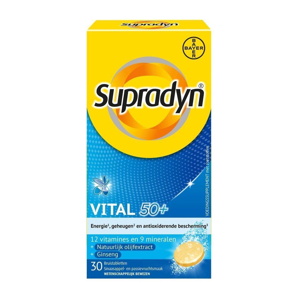 Gele doos "Supradyn Vital 50+". Bevat 30 bruistabletten.